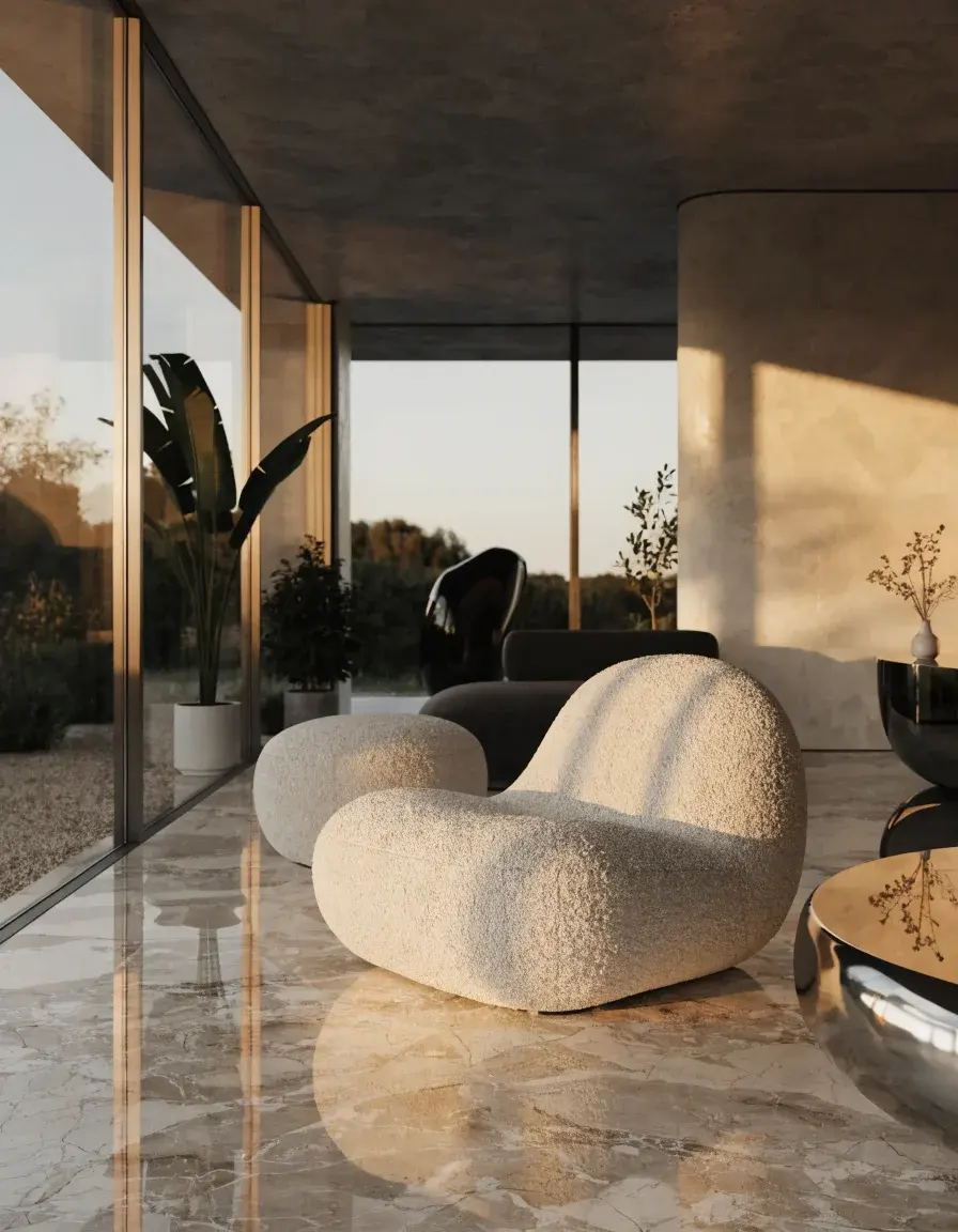 Warm modern clinic interior with sculptural seating and floor-to-ceiling windows