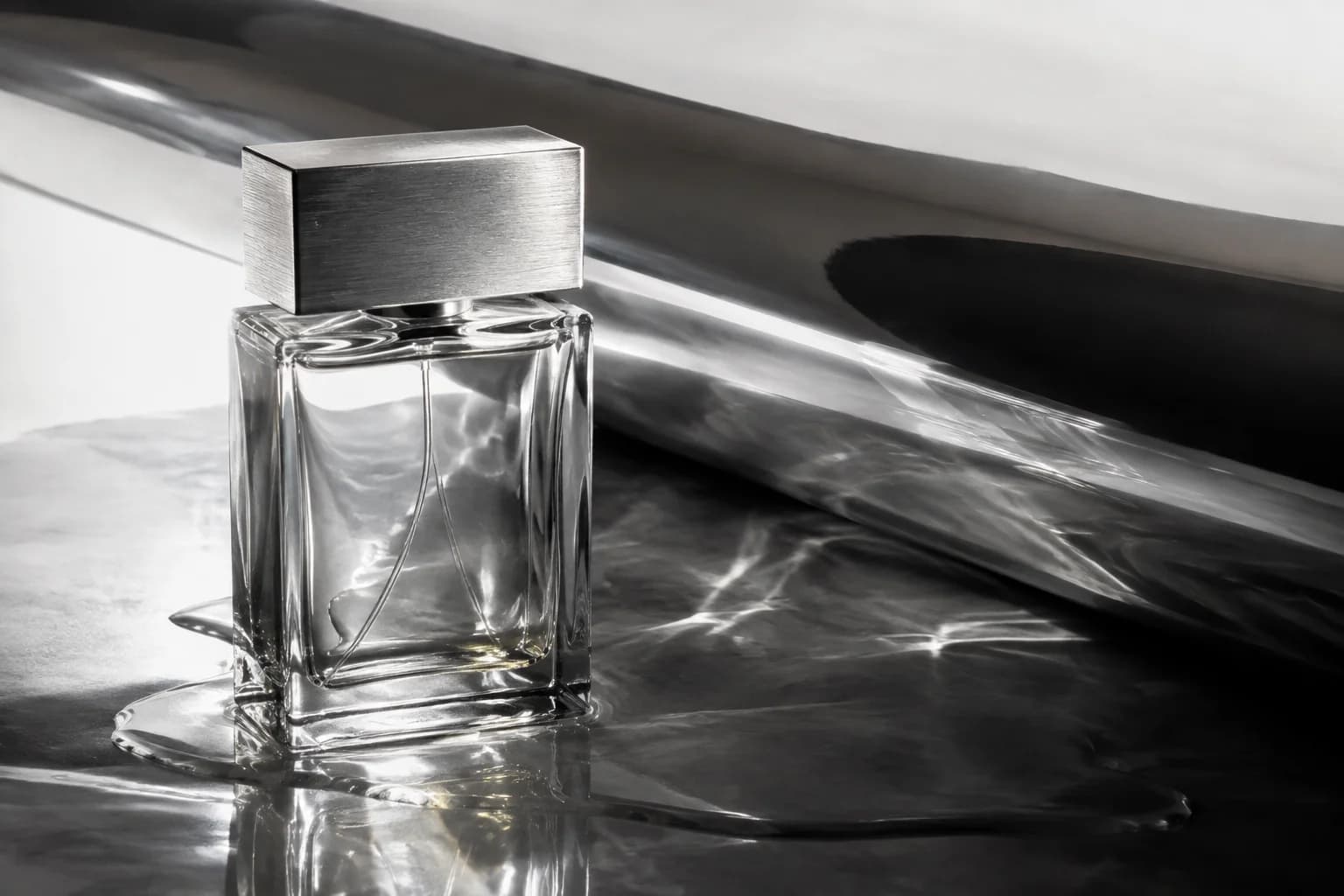 Fragrance campaign concept: sculptural glass and brushed silver reflected in water