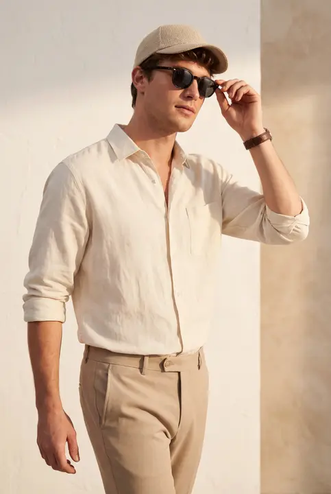 Linen shirt, sunglasses in hand