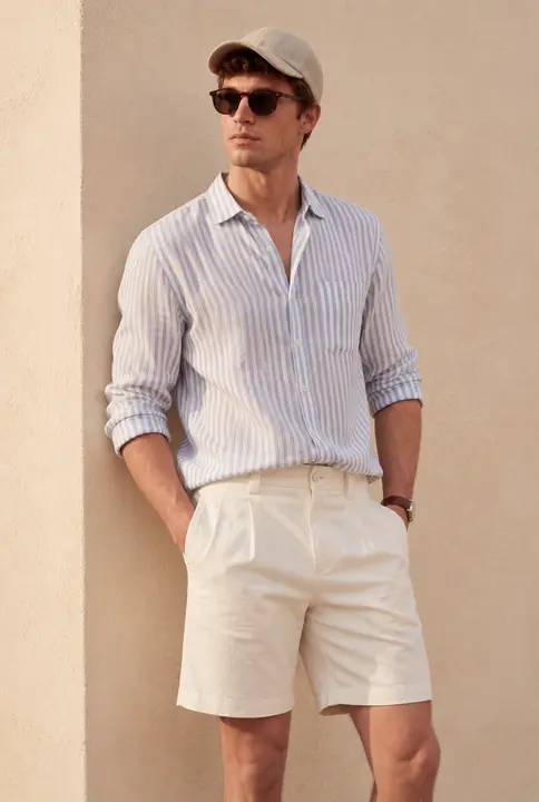Striped shirt, cream shorts