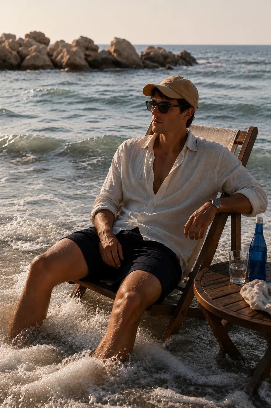 Resortwear campaign concept: a model in linen sitting in the sea at sunset